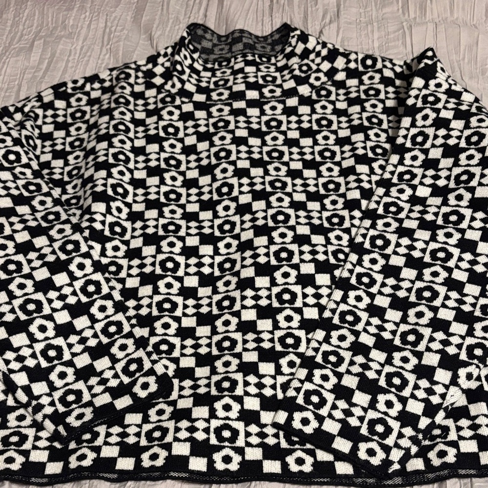 Maeve Black and White Geometric Turtleneck Sweater - Picture 1 of 5